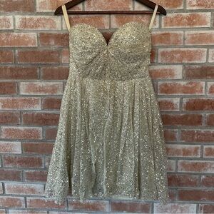 Sarah Seven Strapless Dress Sequin Women’s 8 White Gold Wedding Prom Formal